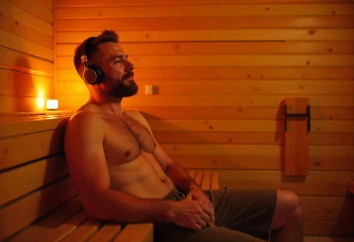 Man sitting in a sauna with wooden walls and a bench.
